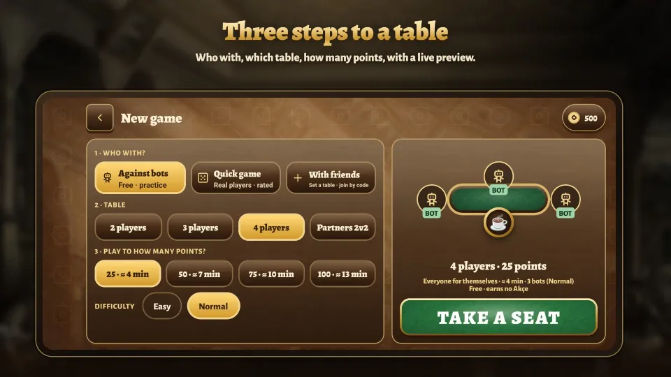 New game screen: who with, which table and how many points, with a preview of the table