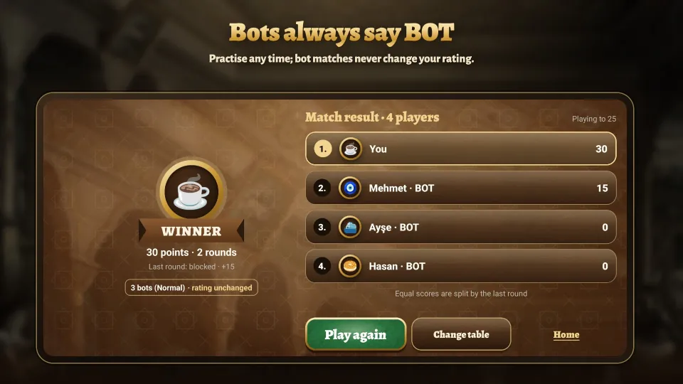 Result of a game against three bots marked BOT; the rating does not change
