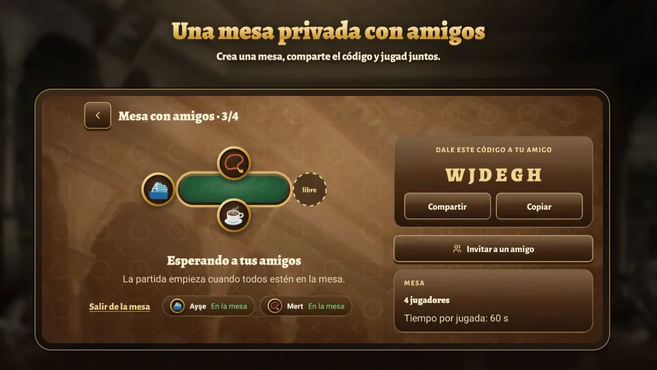 Mesa privada para amigos, con su código y botones para compartir
