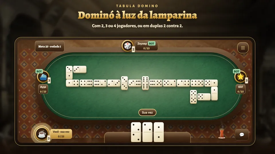 Uma partida de Tabula Domino com quatro jogadores na mesa iluminada pela lamparina