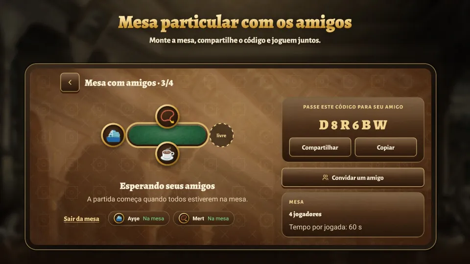 Mesa particular para amigos, com o código e botões para compartilhar