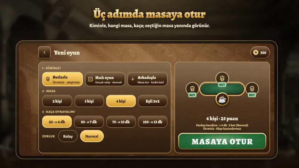 Yeni oyun ekranı: kiminle, hangi masa, kaç puan; yanında masanın önizlemesi