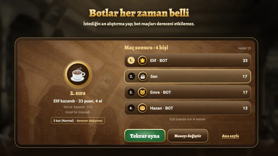 Üç bota karşı maçın sonucu: botlar BOT diye işaretli, derece değişmiyor